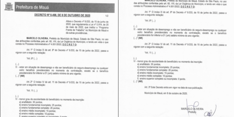 Mauá: Decreto 9.498/2025 ajusta regras do Programa Frente de Trabalho
